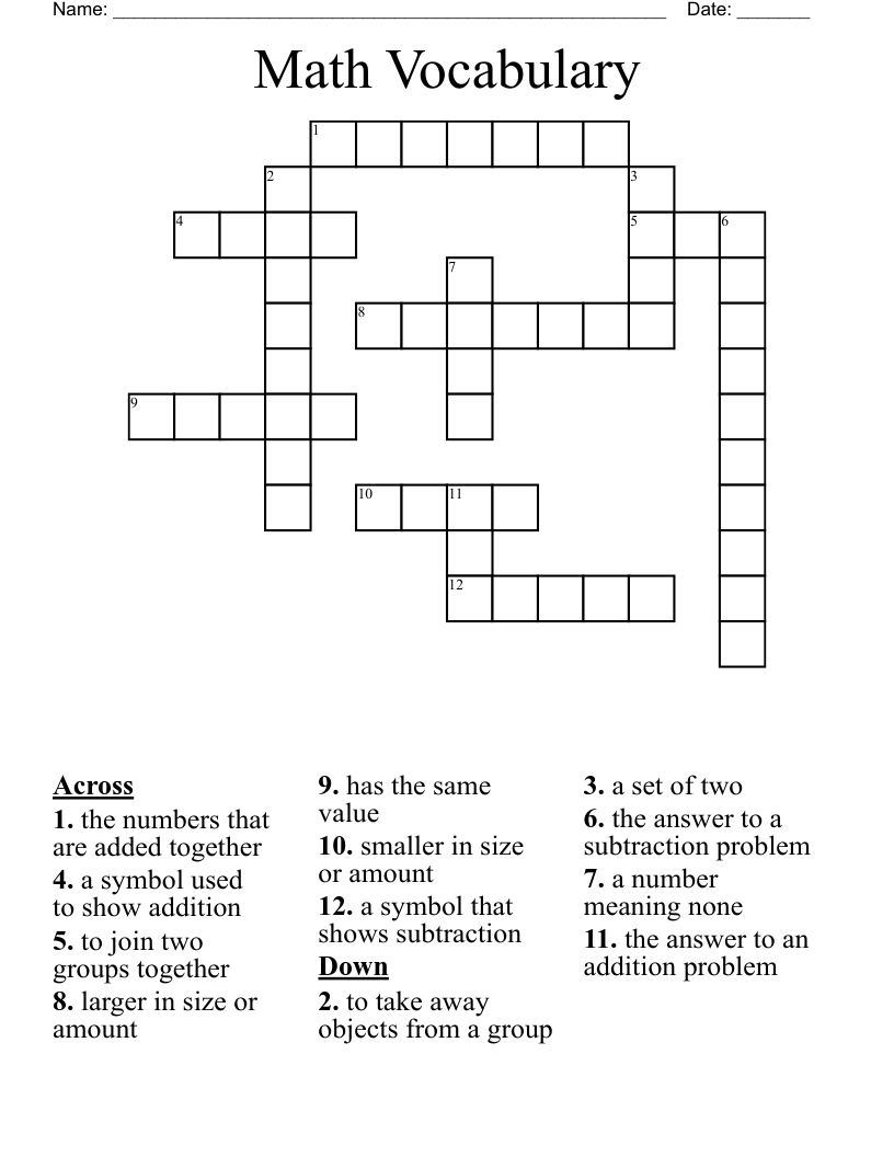 Math Vocabulary Crossword