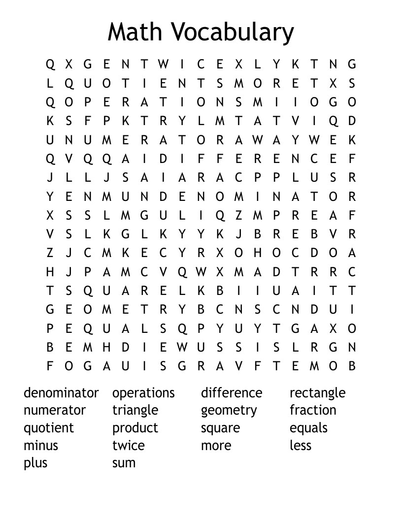 Math Vocabulary Word Search