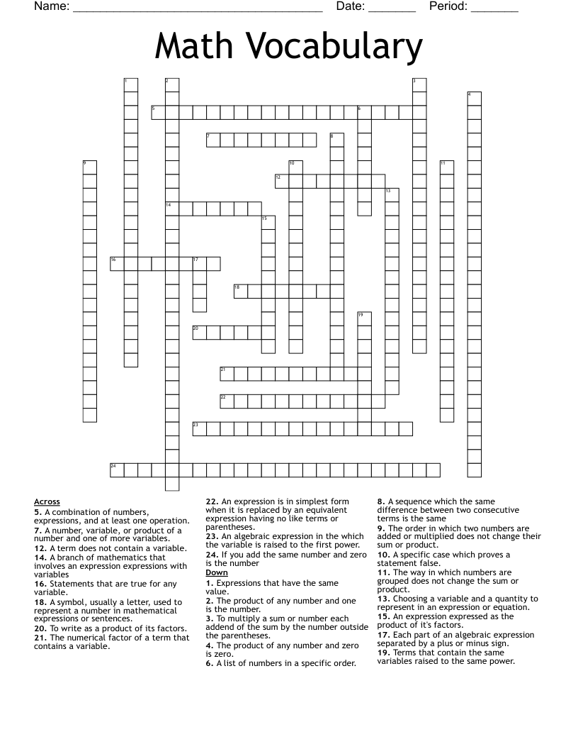 Math Vocabulary Crossword