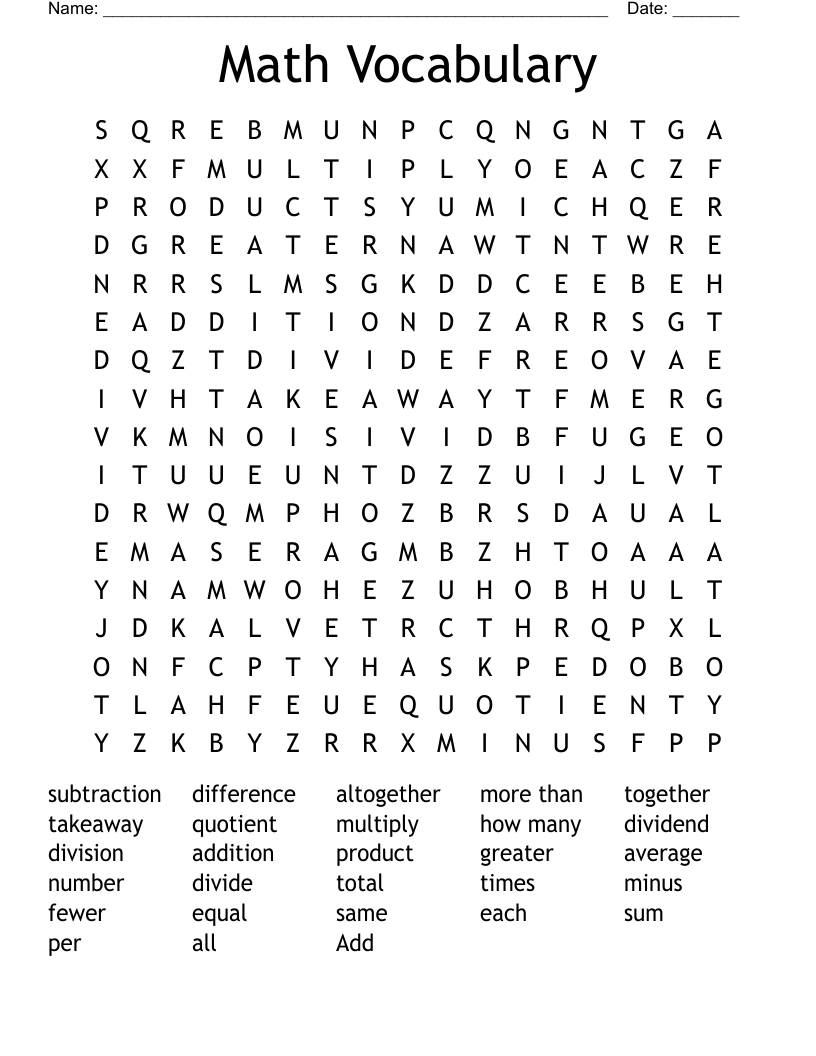 Math Vocabulary Word Search