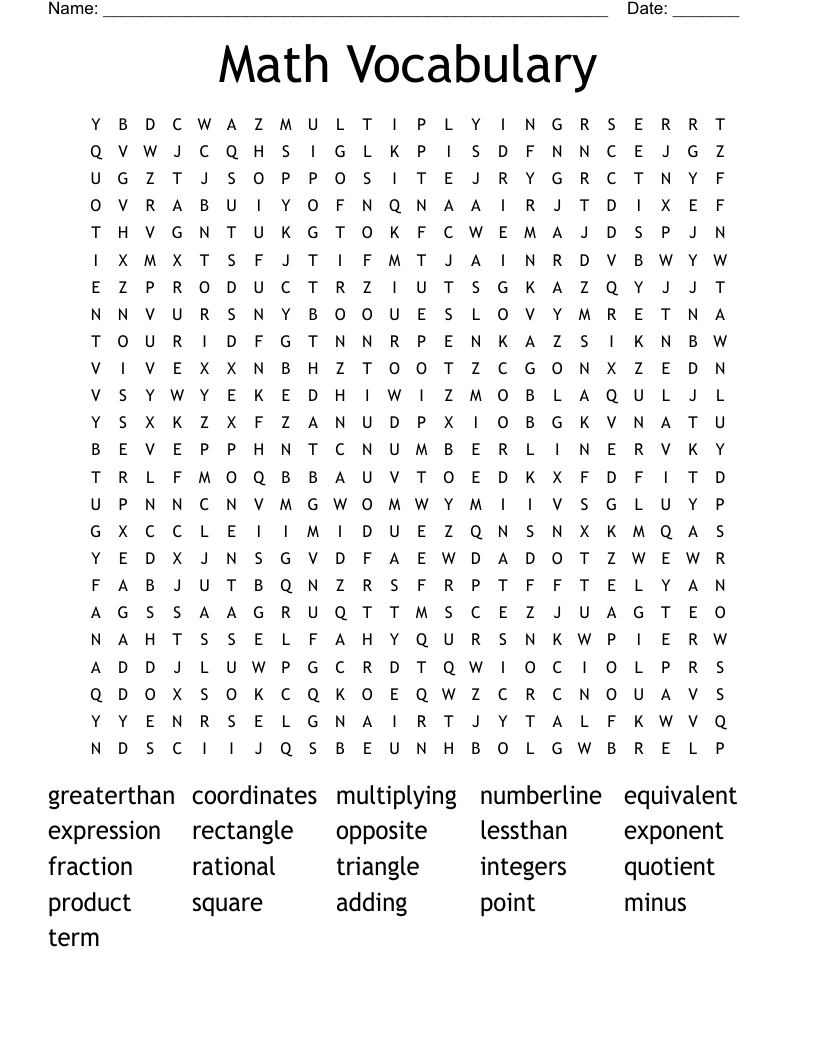 Math Vocabulary Word Search