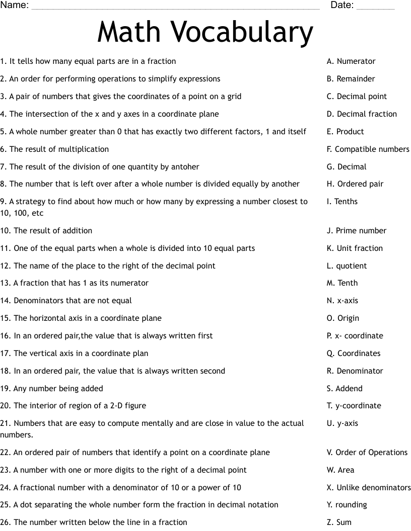 Math Vocabulary Worksheet
