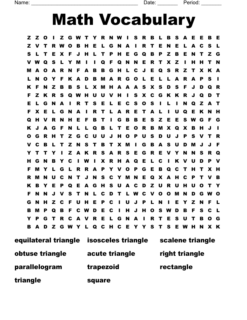 Math Vocabulary Word Search