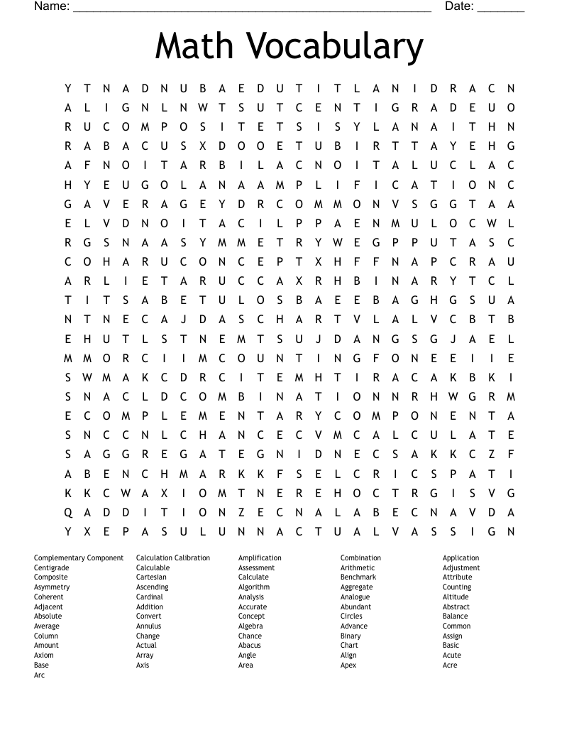 Math Vocabulary Word Search