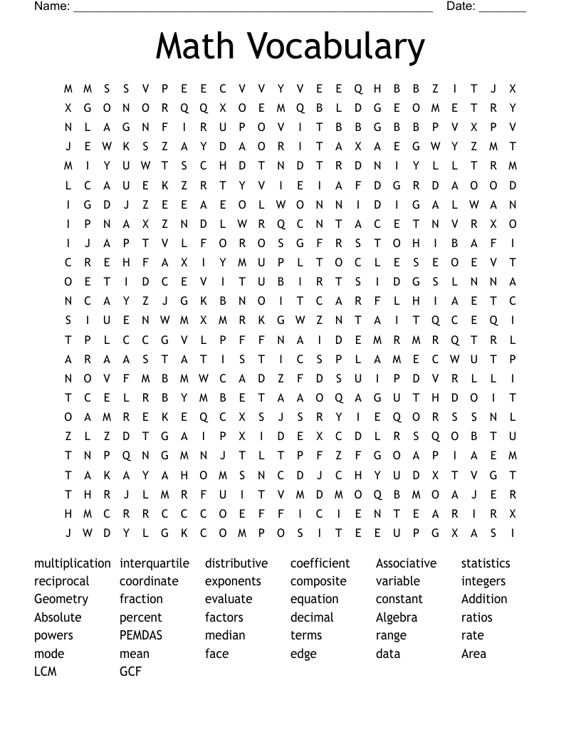 Math Vocabulary Word Search