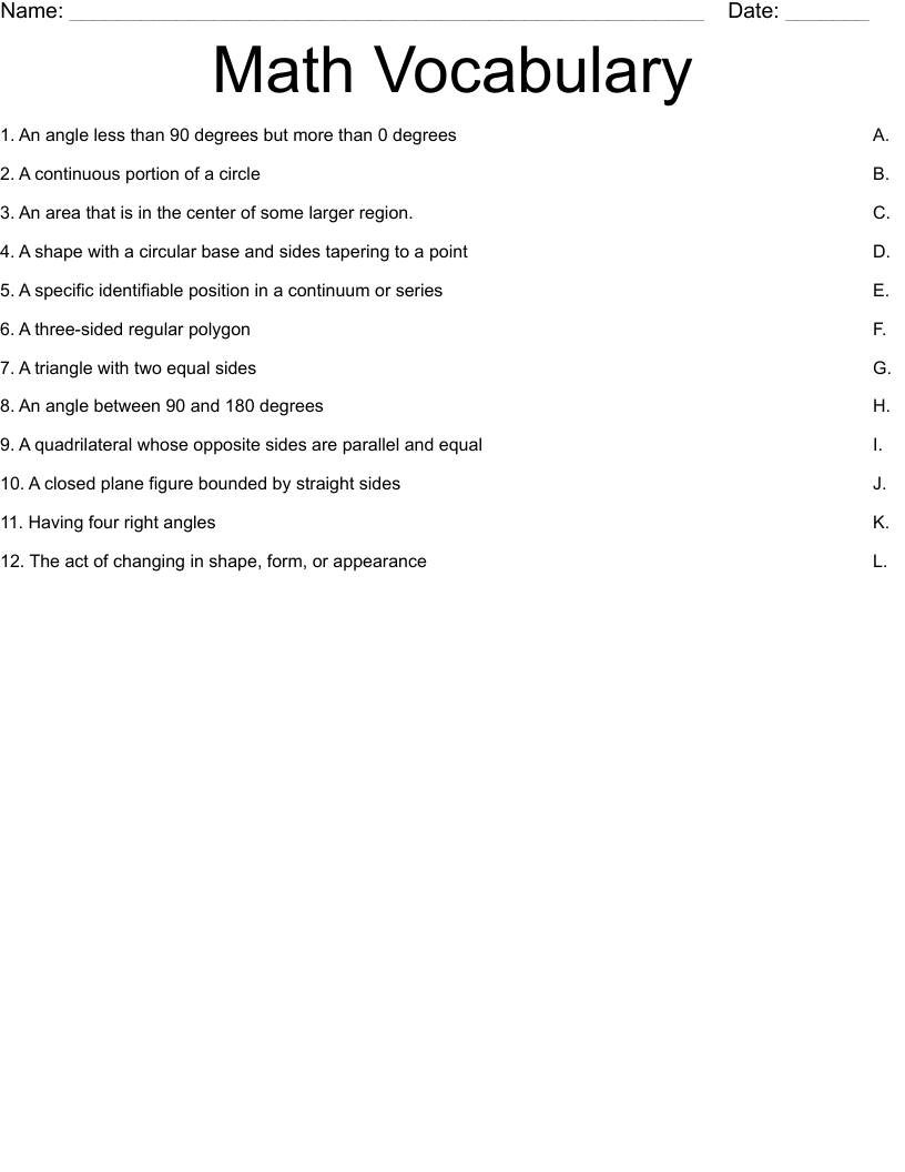 Math Vocabulary Worksheet