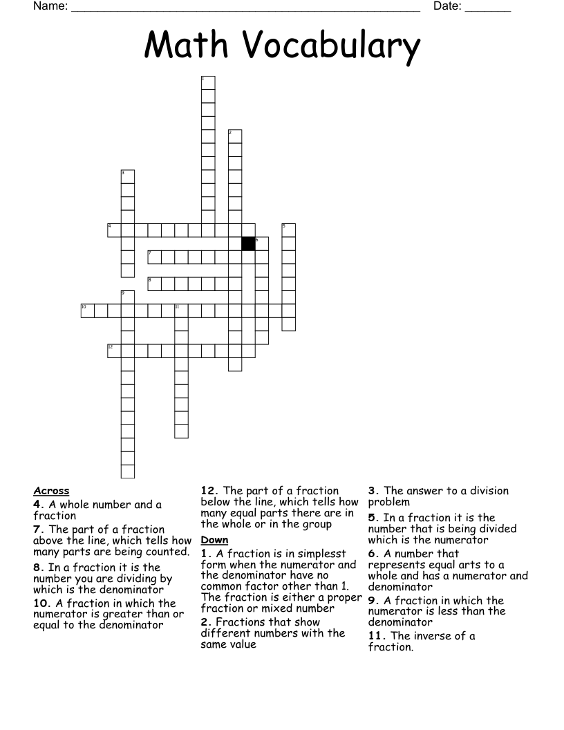 Math Vocabulary Crossword