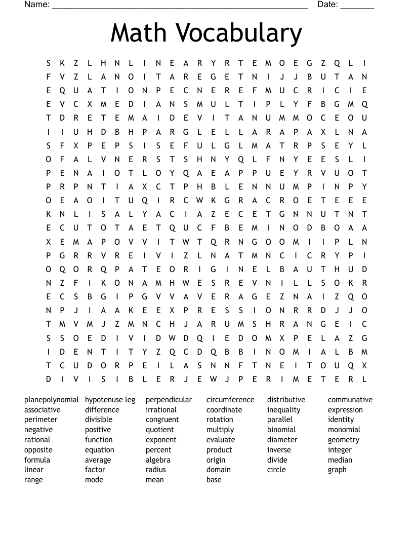 Math Vocabulary Word Search