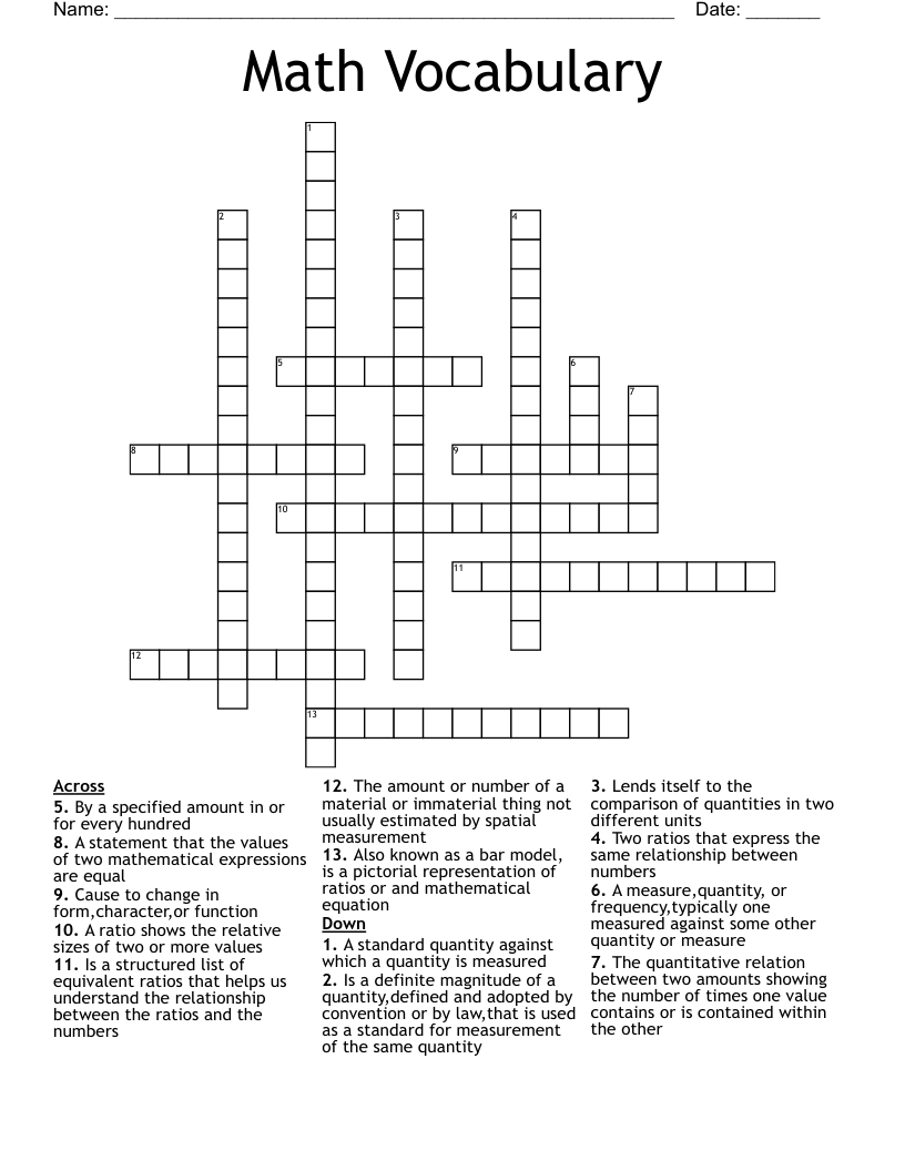 Math Vocabulary Crossword