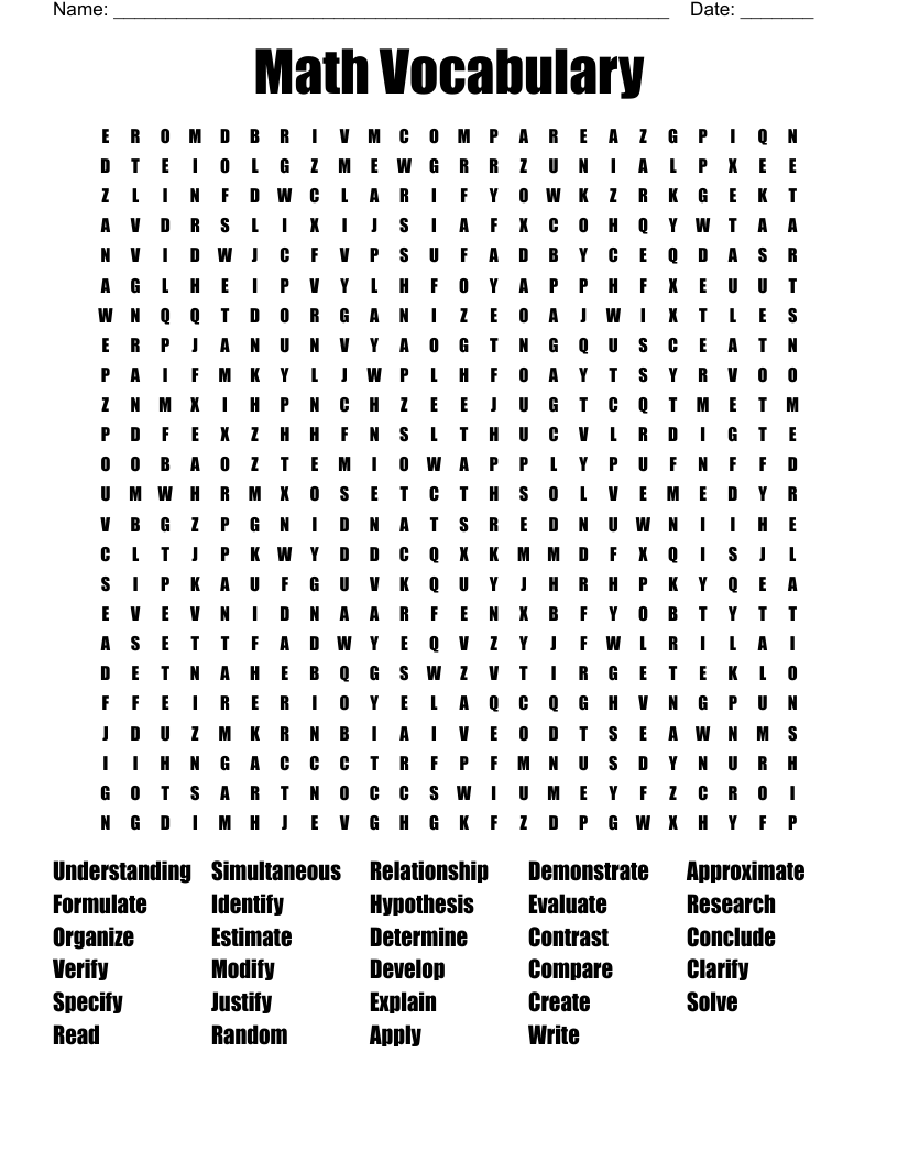 Math Vocabulary Word Search