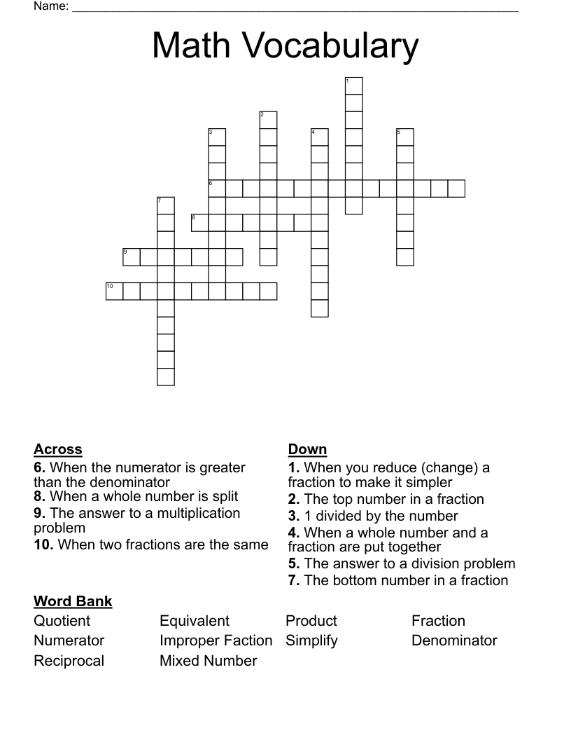Math Vocabulary Crossword