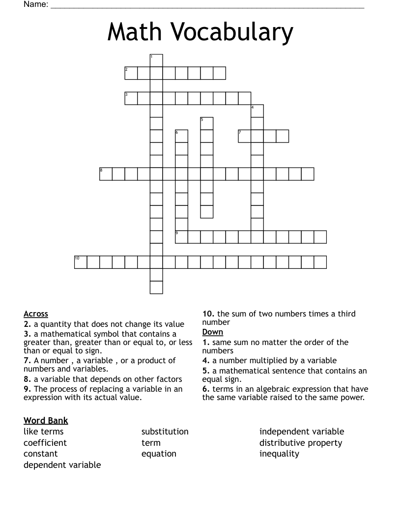 Math Vocabulary Crossword