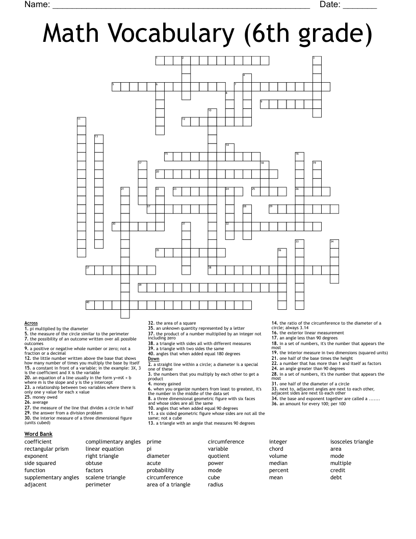 Math Vocabulary (6th grade) Crossword