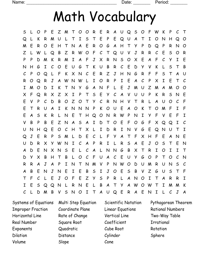 Math Vocabulary Word Search
