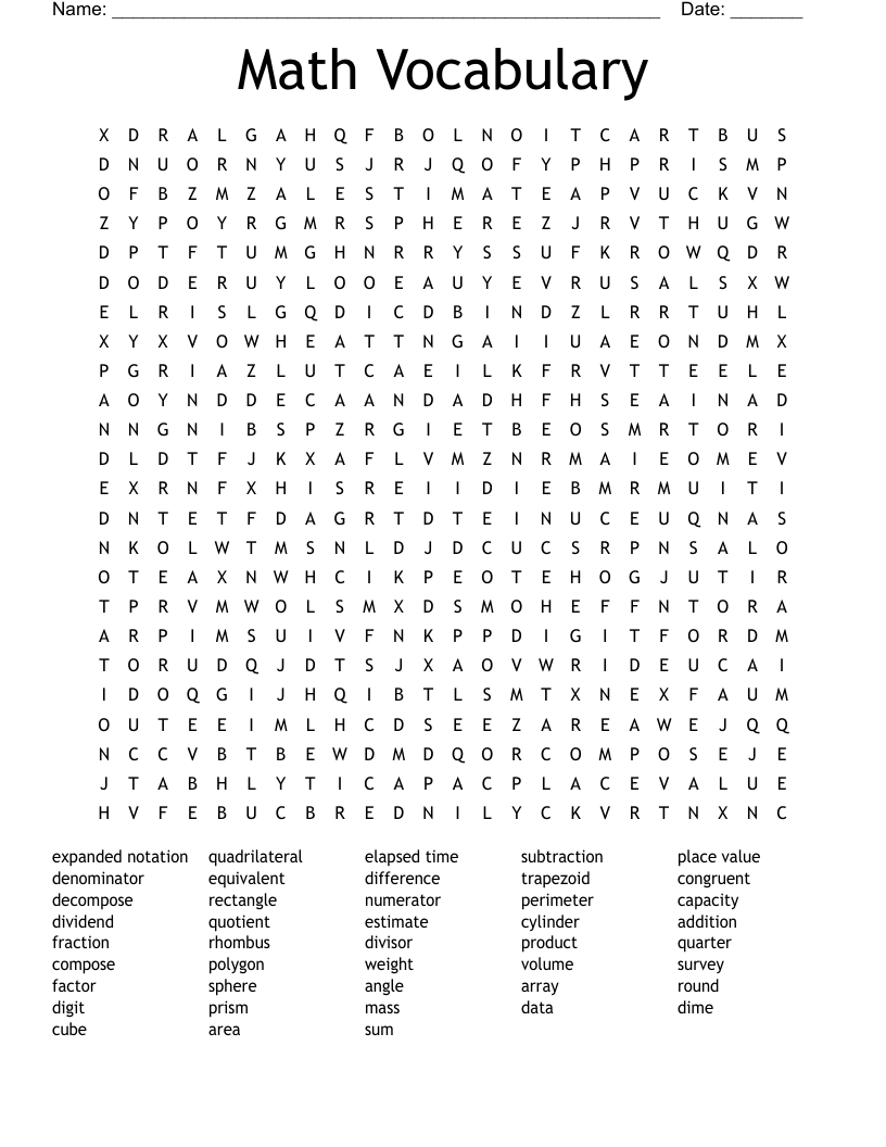Math Vocabulary Word Search