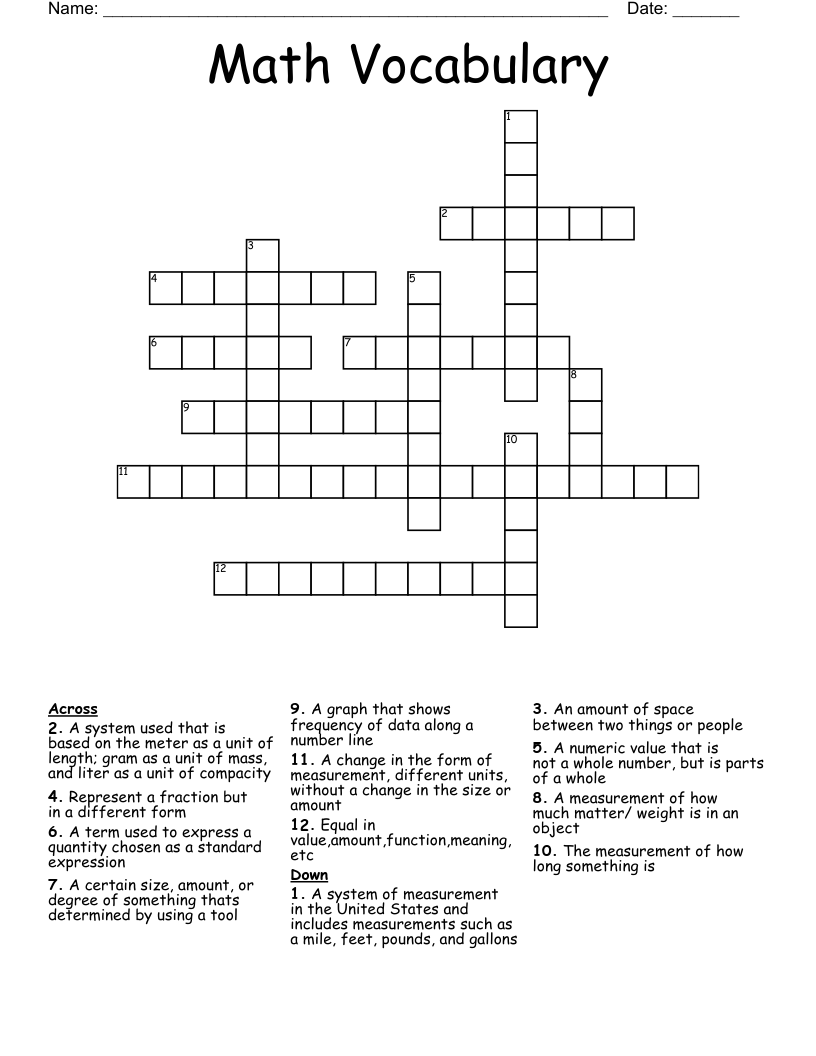 Math Vocabulary Crossword