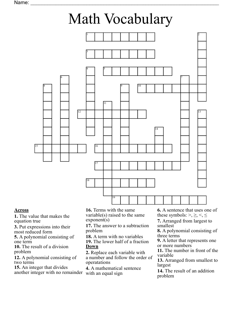 Math Vocabulary Crossword