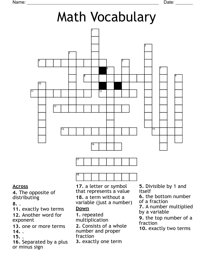 Math Vocabulary Crossword