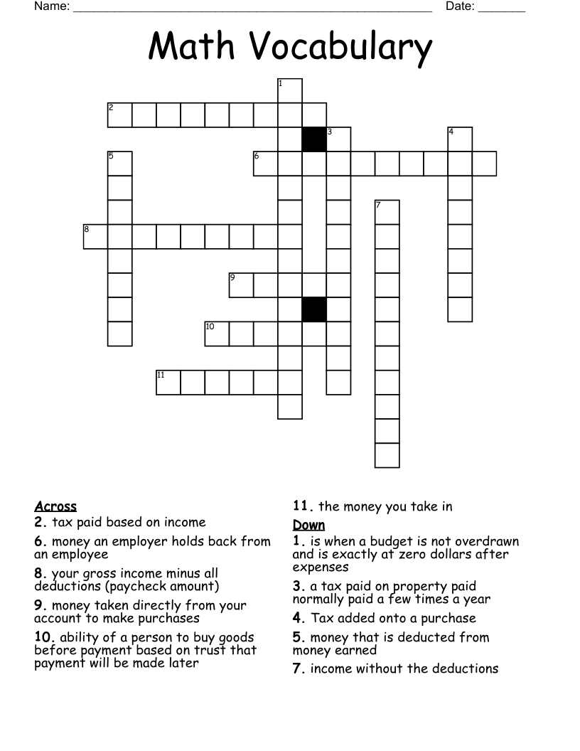 Math Vocabulary Crossword
