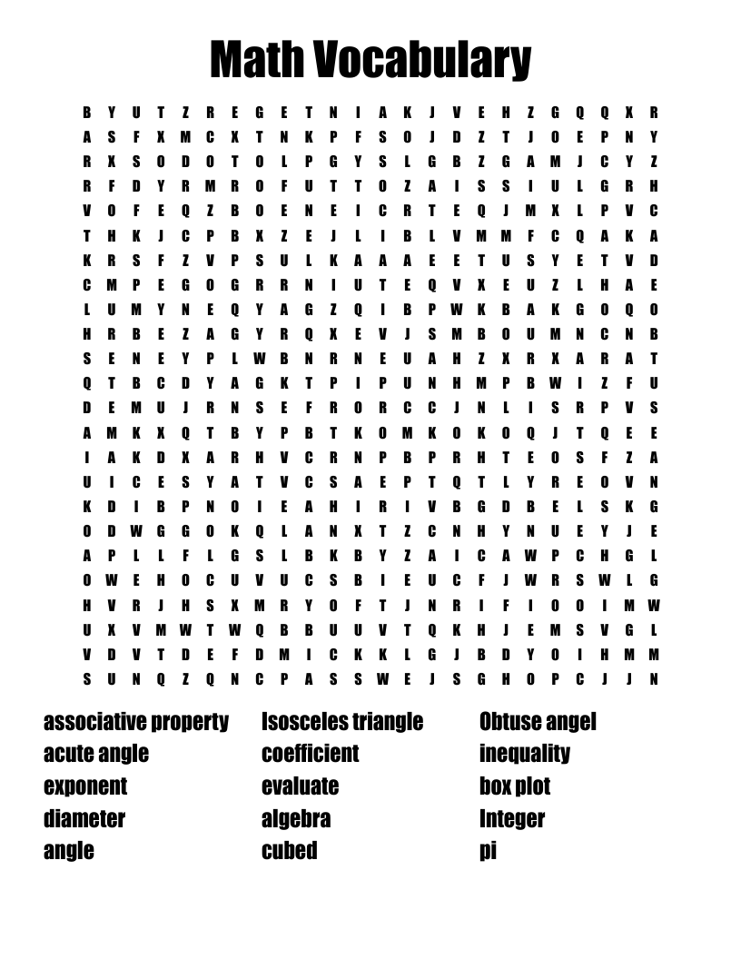 Math Vocabulary Word Search