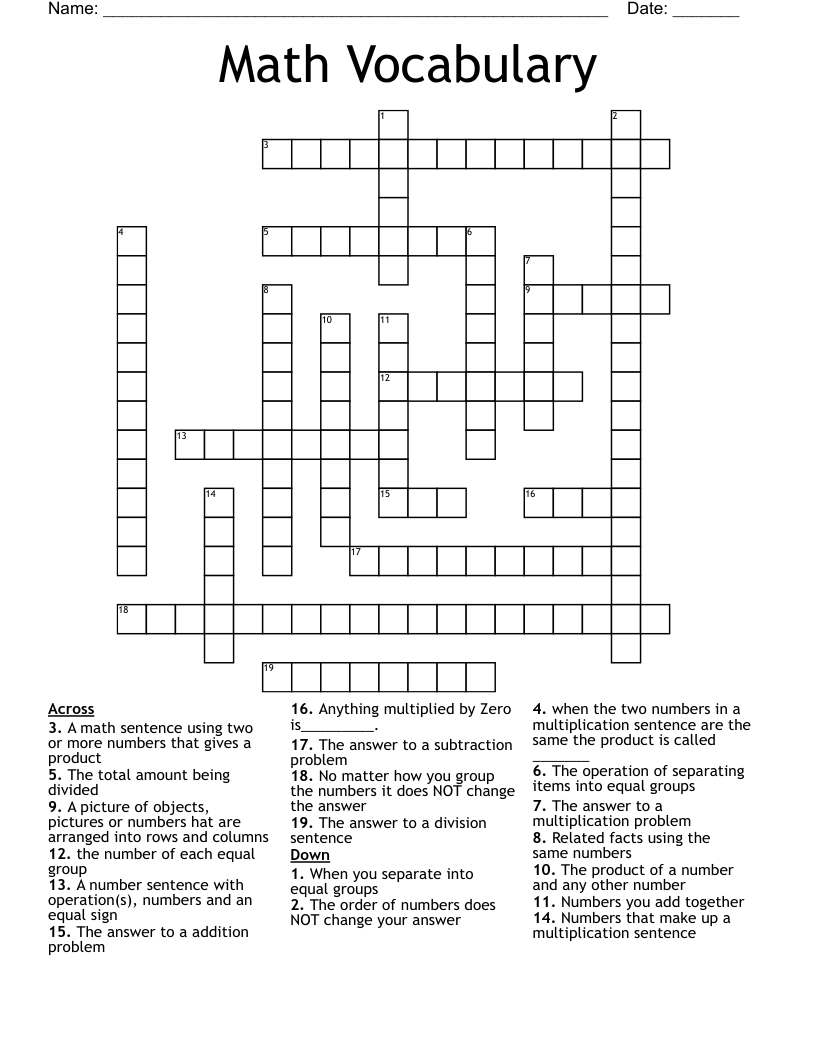 Math Vocabulary Crossword