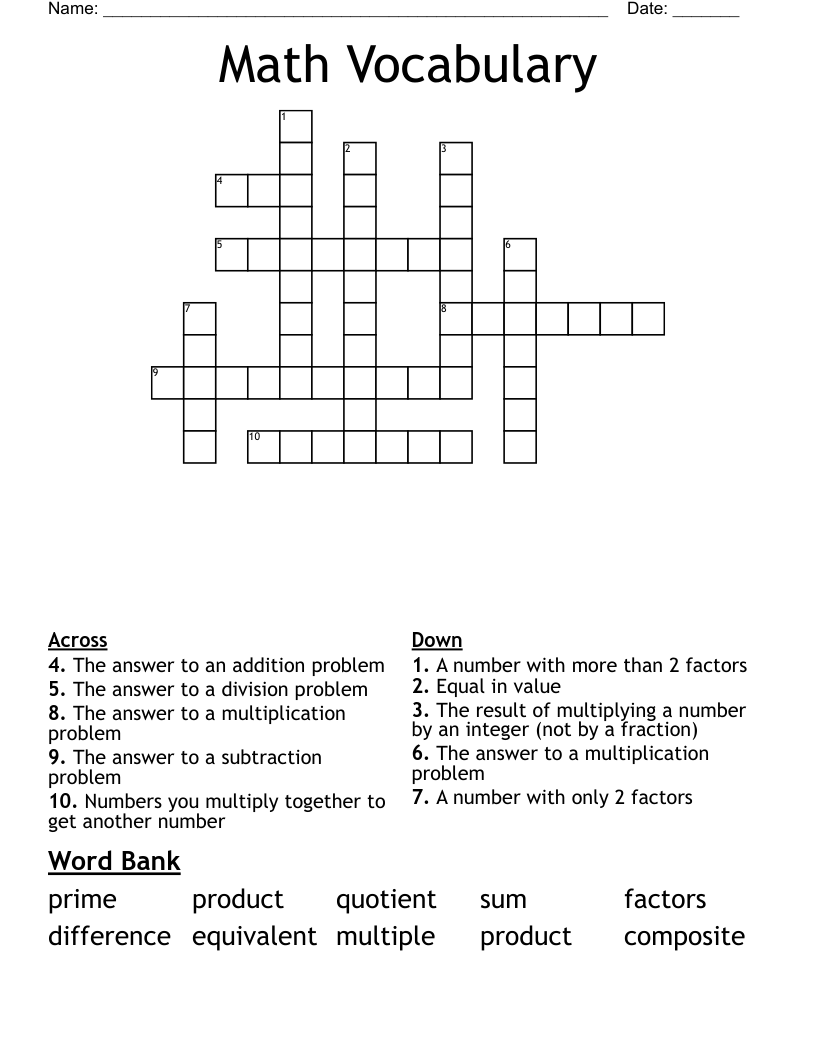 Math Vocabulary Crossword