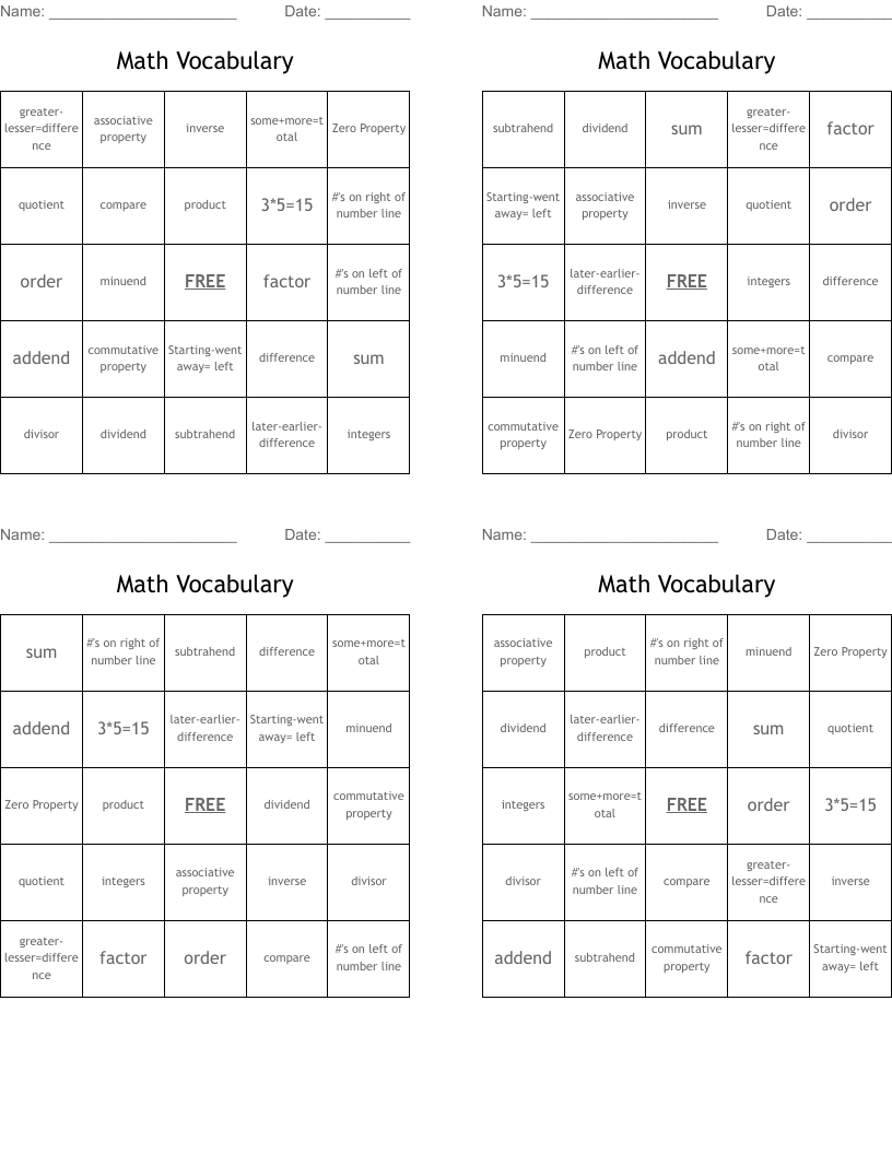 Math Vocabulary Bingo Cards