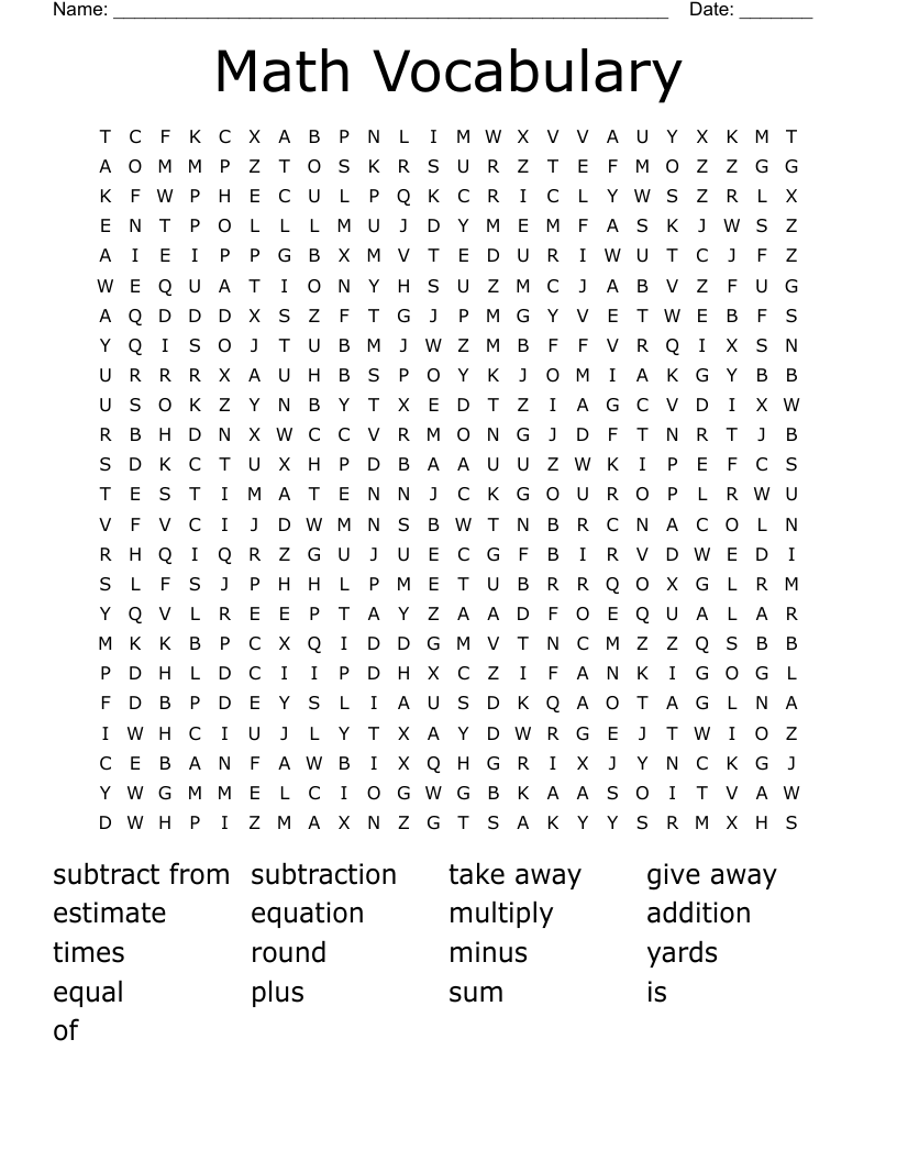 Math Vocabulary Word Search