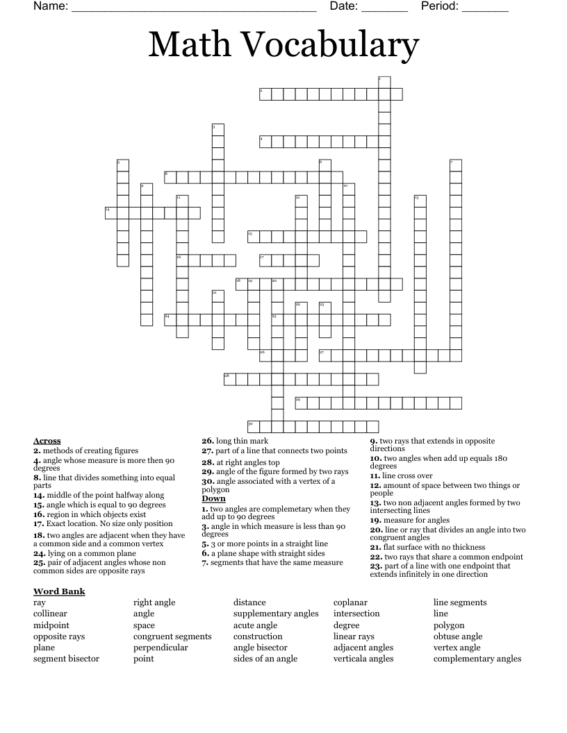 Math Vocabulary Crossword