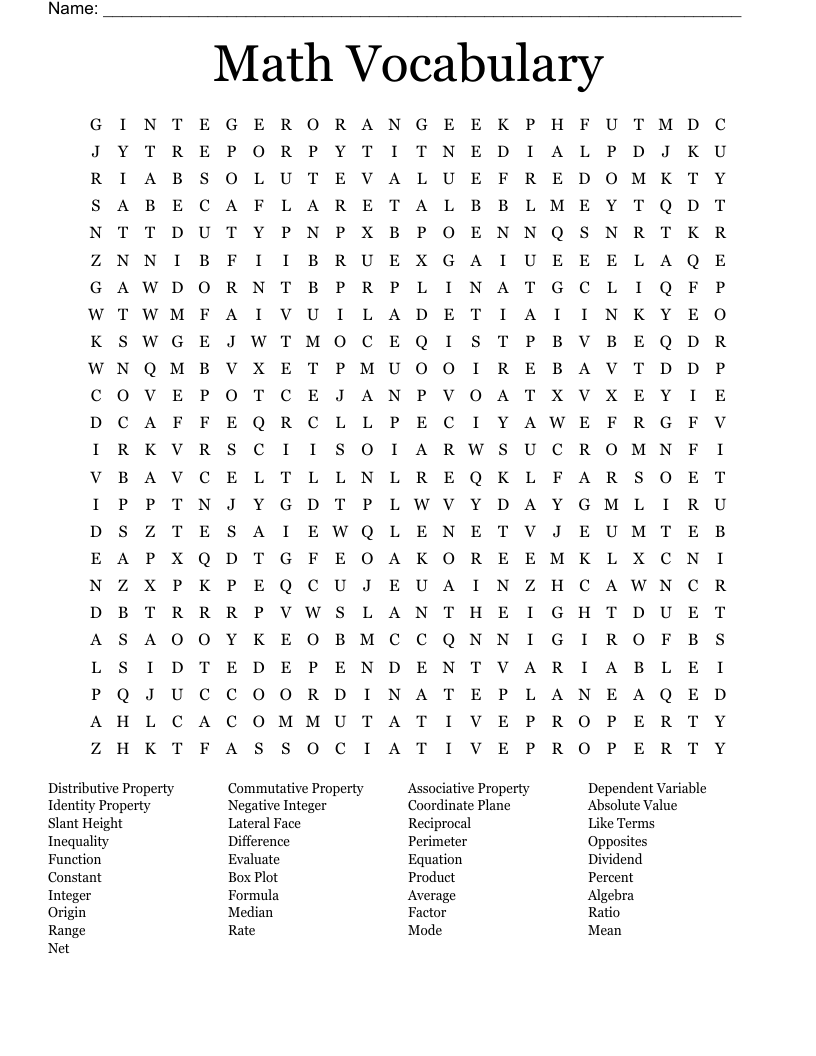 Math Vocabulary Word Search