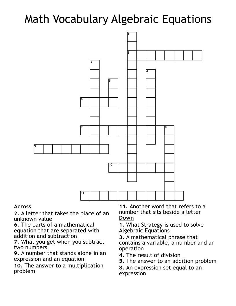Math Vocabulary Algebraic Equations Crossword