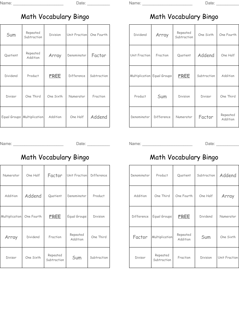 Math Vocabulary Bingo