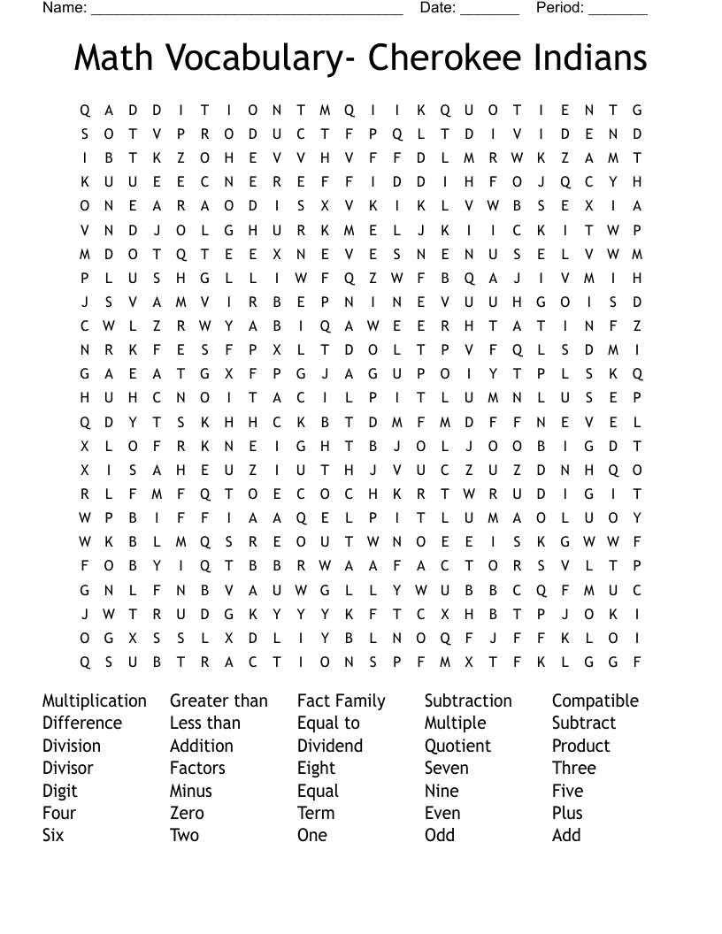 Math Vocabulary- Cherokee Indians Word Search