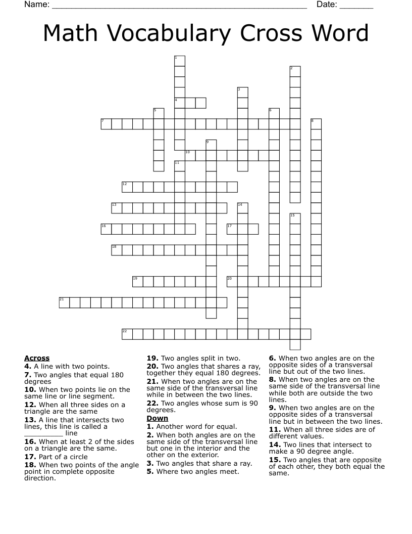 Math Vocabulary Cross Word