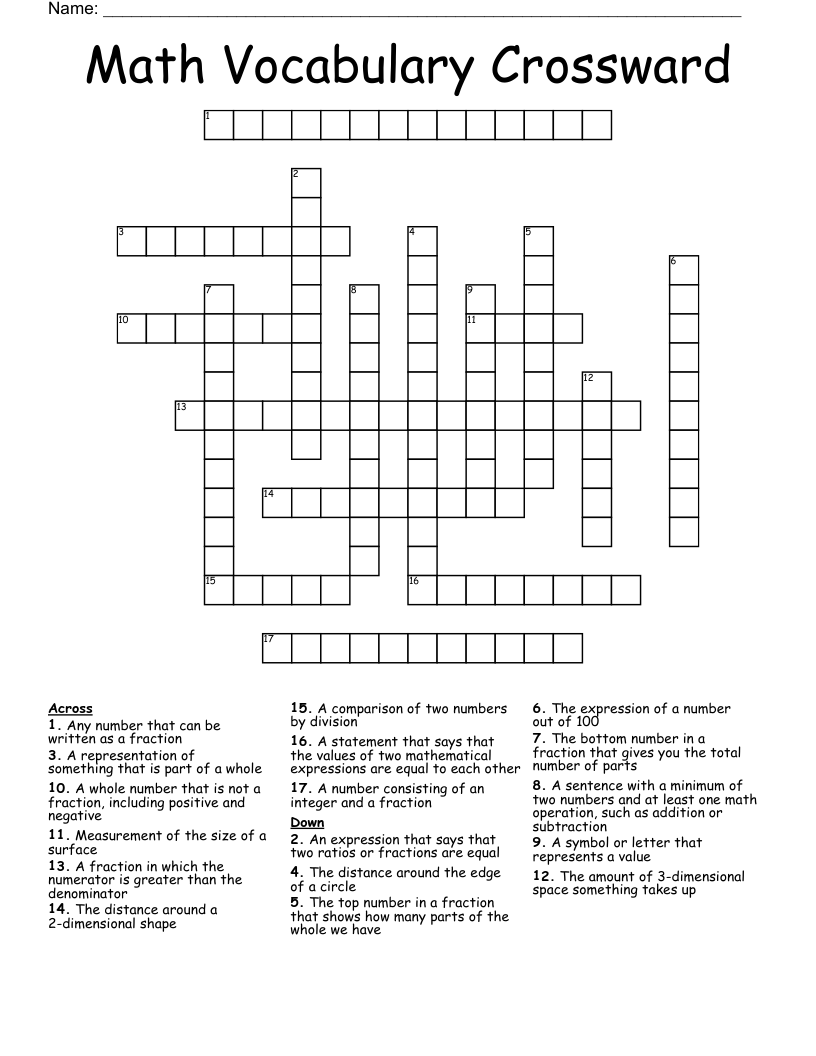 Math Vocabulary Crossward Crossword