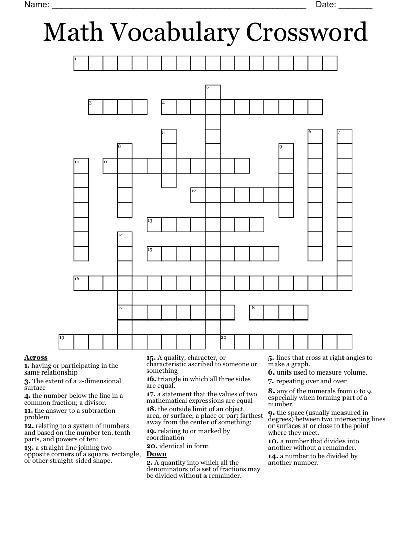 Math Vocabulary Crossword