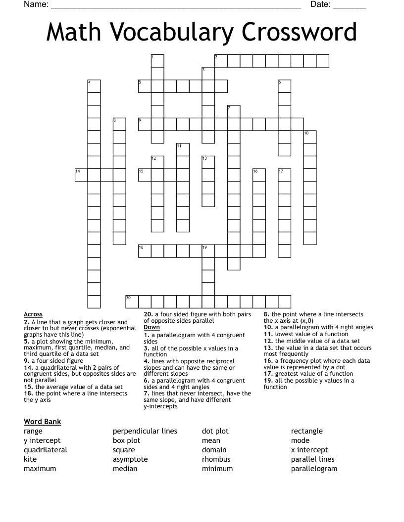 Math Vocabulary Crossword