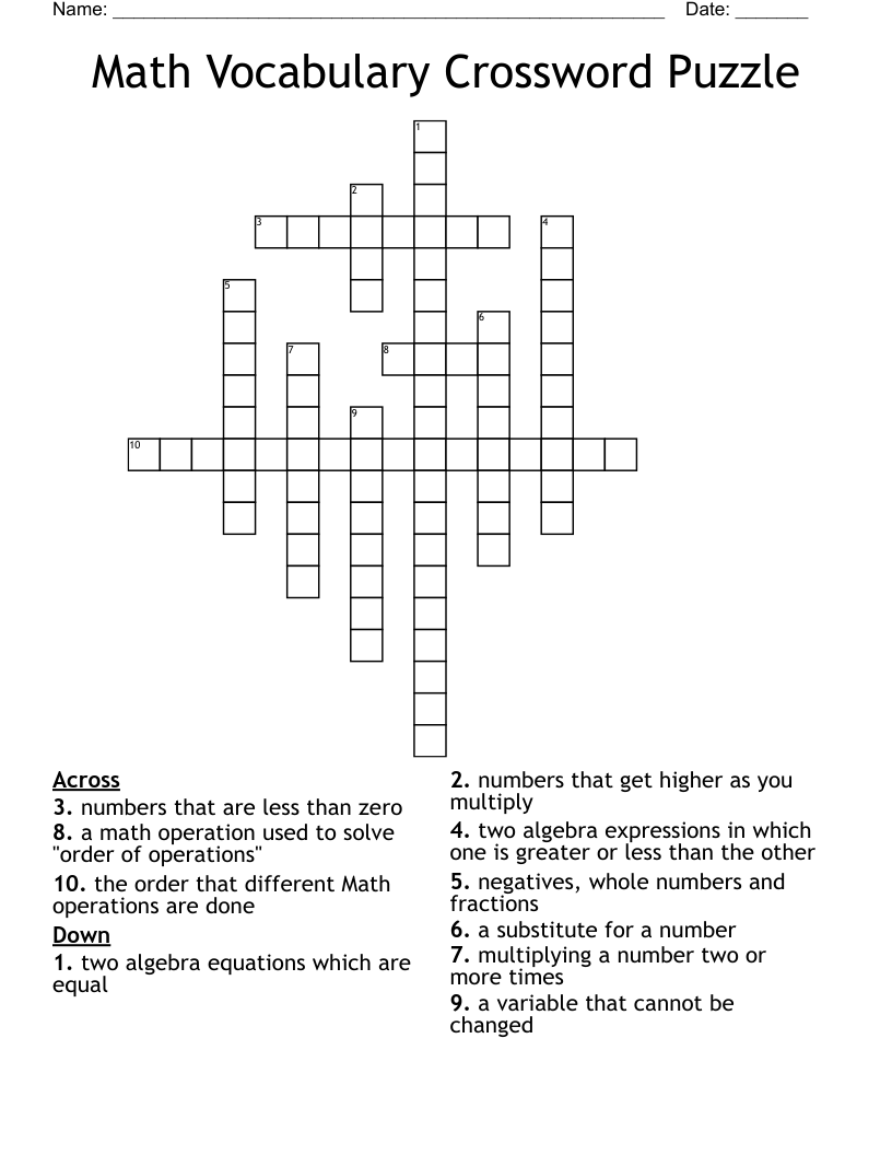 Math Vocabulary Crossword Puzzle