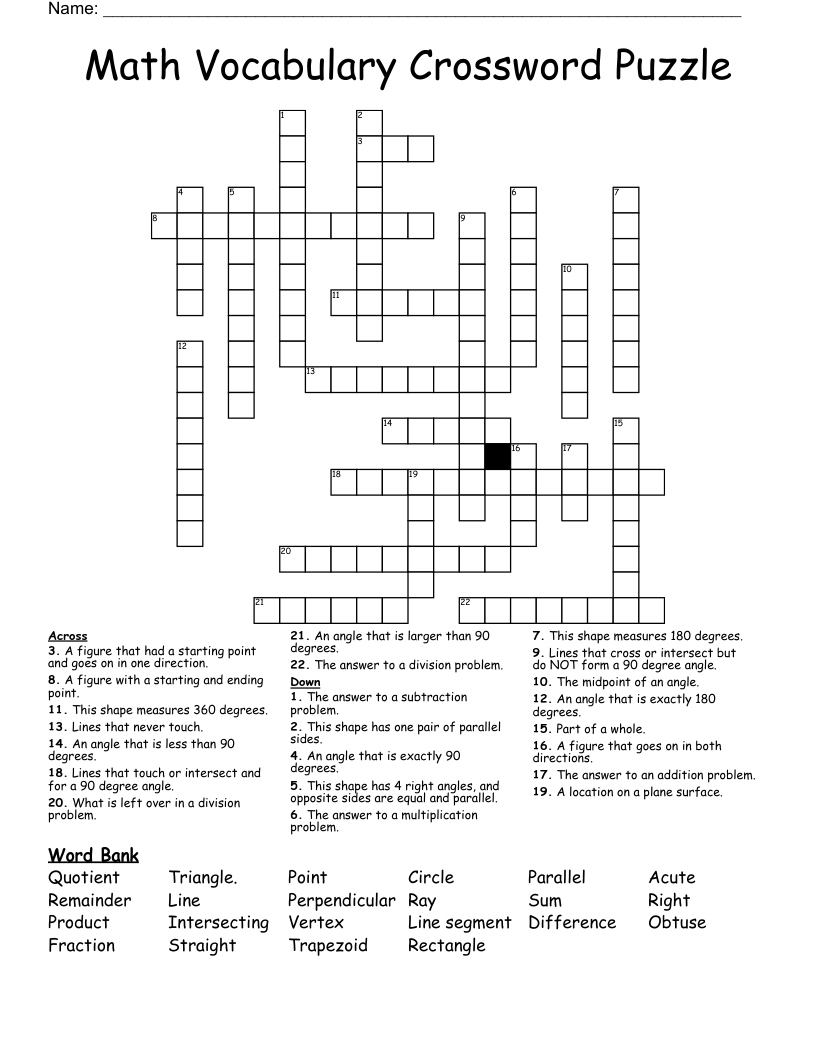 Math Vocabulary Crossword Puzzle