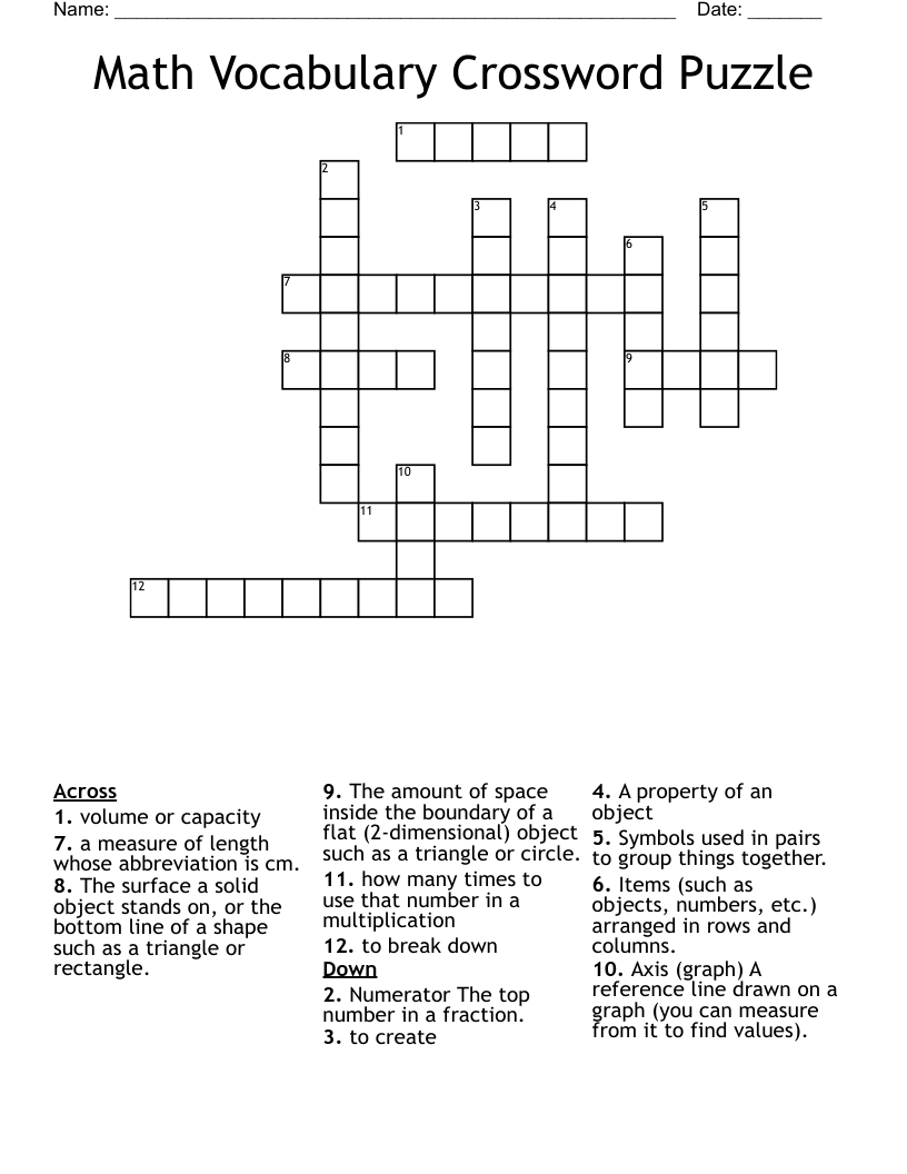 Math Vocabulary Crossword Puzzle