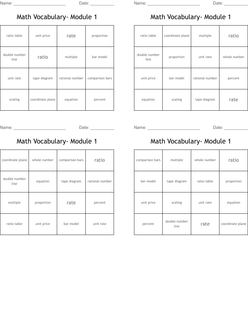 Math Vocabulary- Module 1 Bingo Cards