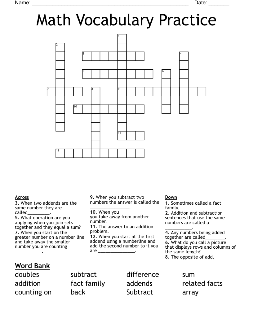 Math Vocabulary Practice Crossword
