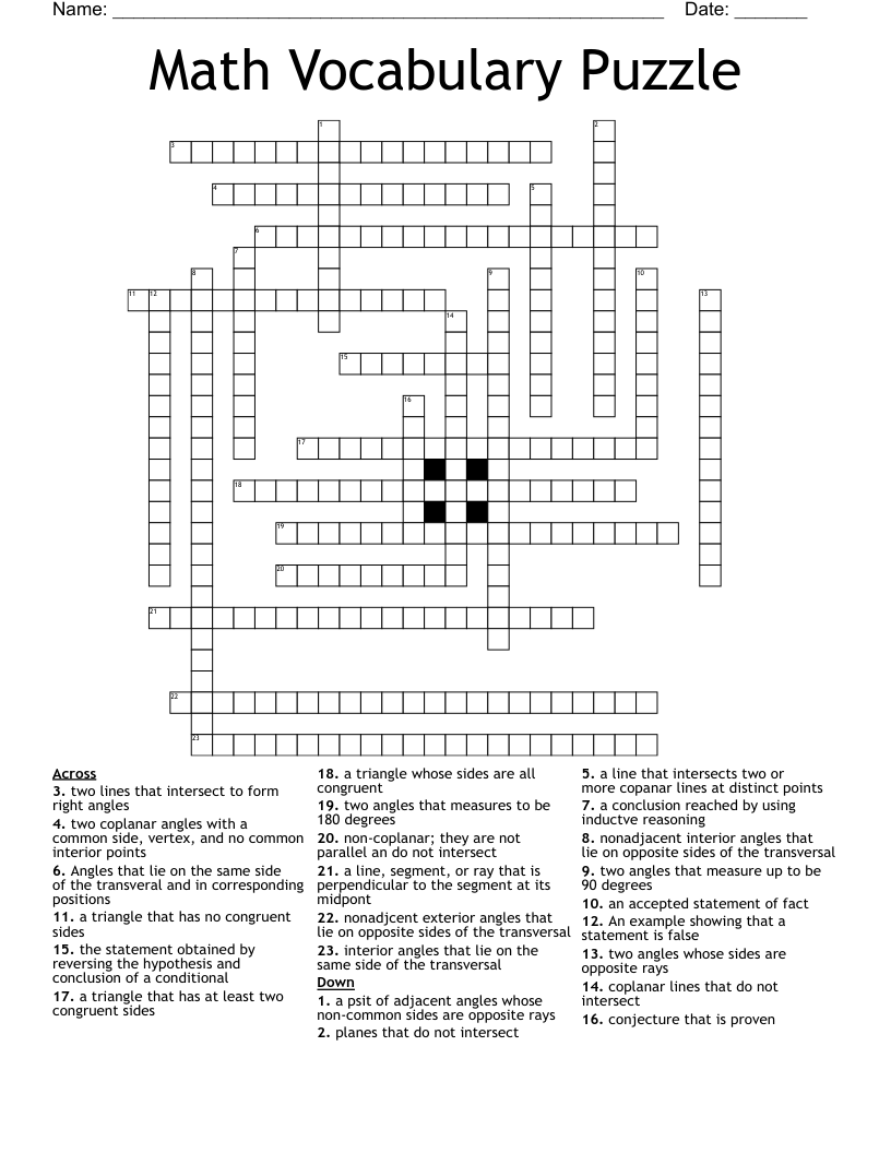Math Vocabulary Puzzle Crossword