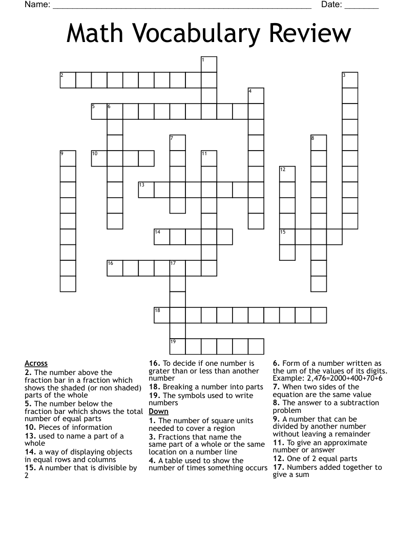 Math Vocabulary Review Crossword