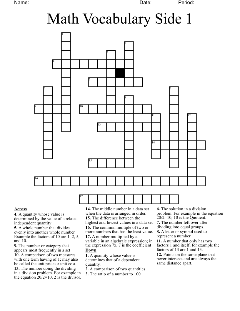 Math Vocabulary Side 1 Crossword