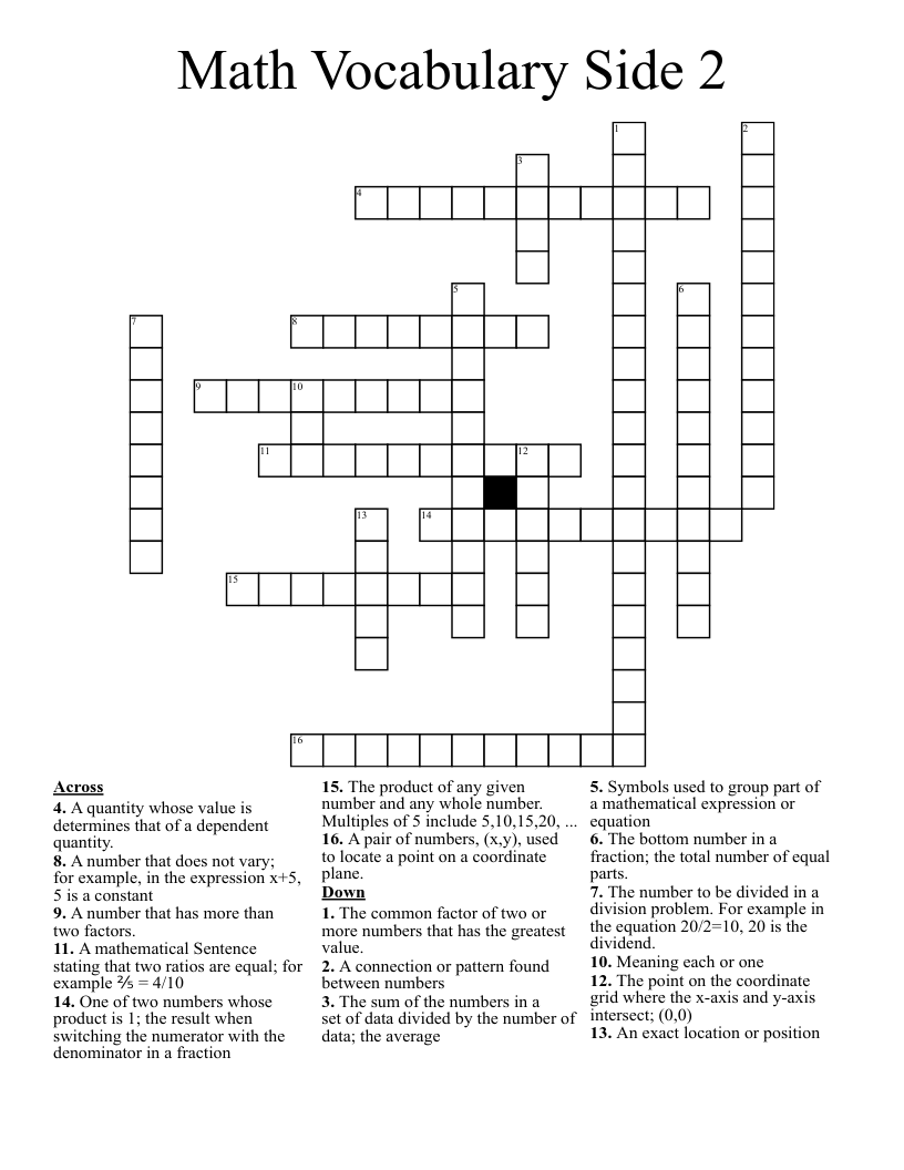 Math Vocabulary Side 2 Crossword