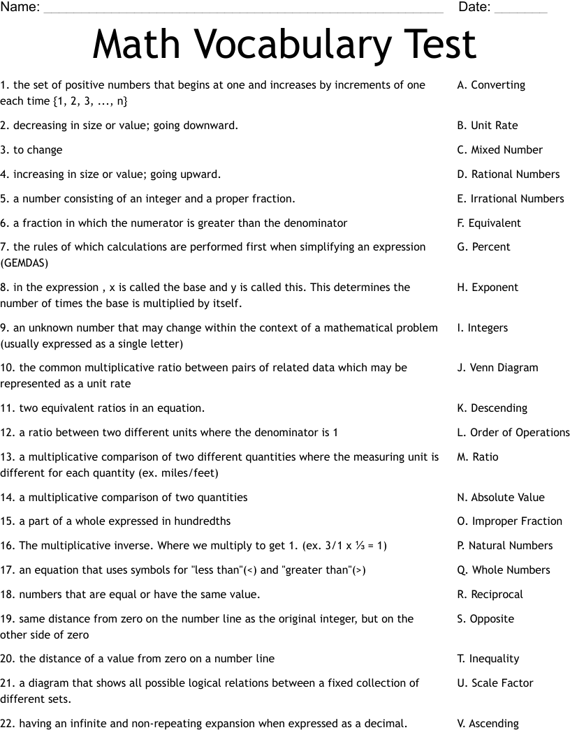 Math Vocabulary Test Worksheet
