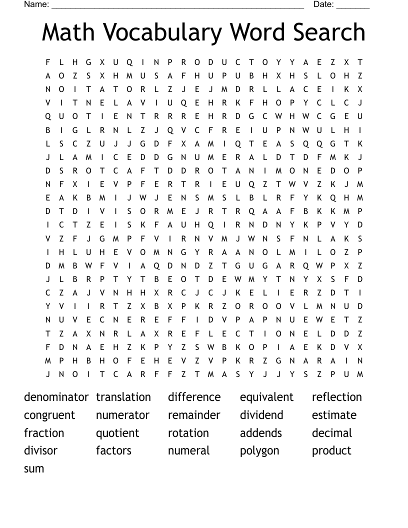 Math Vocabulary Word Search
