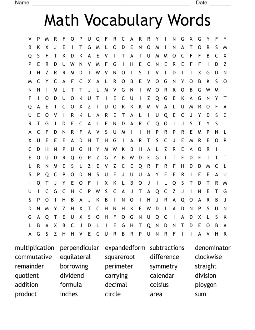 Math Vocabulary Words Word Search