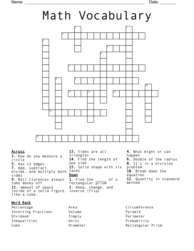 Math Vocabulary  Crossword